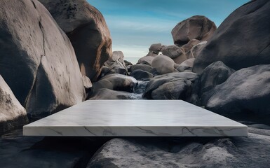 Nature backround for product placement, 3D waterfall landscape mockup backdrop for product and cosmetic presentation, backdrop photo for package or packaging box container