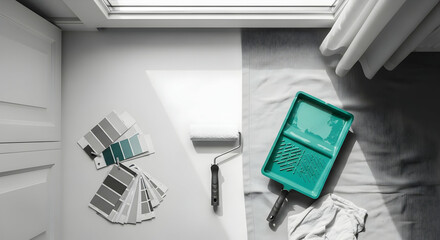 Freshly Painted Wall With Paint Roller And Color Swatches Close To Door