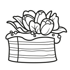 Biscuit cake decorated with cream flowers outlined for coloring page on a white background