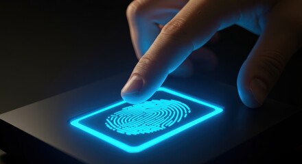 Finger touching fingerprint scanner glowing blue light