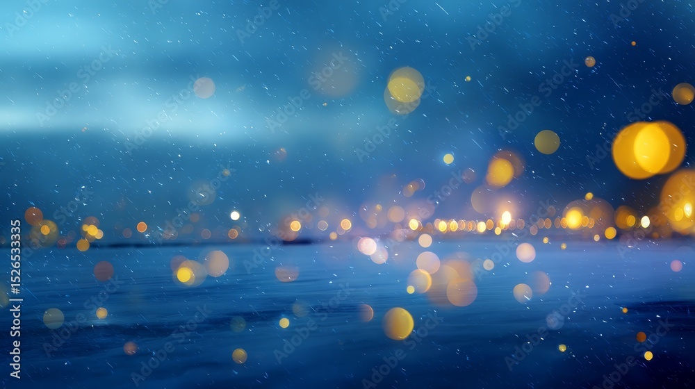 Poster beautiful winter landscape featuring gentle snowfall illuminated by soft blue and golden festive lig