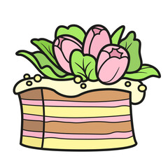 Biscuit cake decorated with cream flowers on a white background