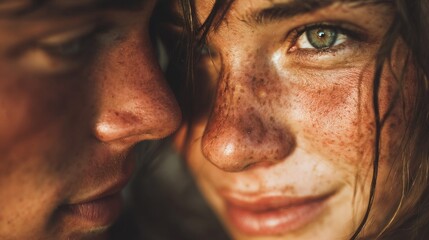 Close-Up Portrait of a Couple, Intense Gaze, Golden Hour Lighting