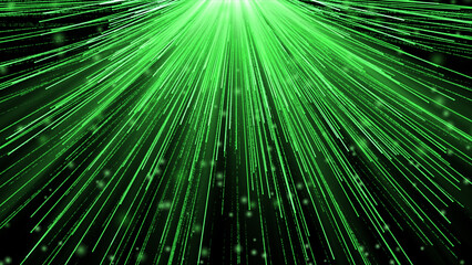 Obraz premium Green glowing particles shower falls down with moving particles, An elegant and deep abstract stage background