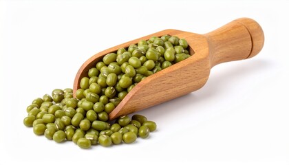 Bright green mung beans nestled inside a wooden scoop, isolated on white background