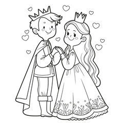 Cartoon characters in love Prince and princess standing holding hands