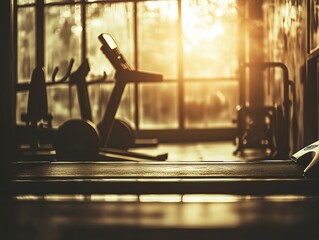 dimly lit gym interior with various equipment, including treadmills and weights. The lighting creates a warm, inviting atmosphere, suggesting a quiet moment in the gym.