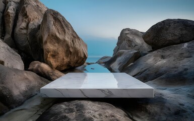 Nature backround for product placement, 3D waterfall landscape mockup backdrop for product and cosmetic presentation, backdrop photo for package or packaging box container