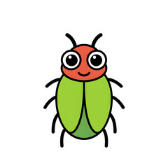 A charming cartoon beetle with bright green wings, a cheerful red head, and big, inviting eyes smiles warmly.