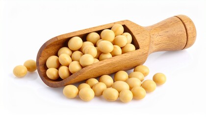 Large, soft yellow soybeans resting gently in a wooden scoop isolated on white
