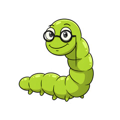 Naklejka premium Cartoon illustration of a green caterpillar wearing glasses with a curious and intelligent expression.