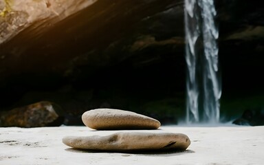 Nature backround for product placement, 3D waterfall landscape mockup backdrop for product and cosmetic presentation, backdrop photo for package or packaging box container