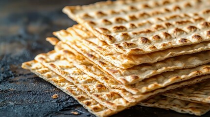 A stack of matzo crackers on a rustic wooden table.