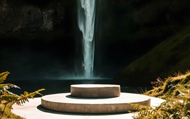 Nature backround for product placement, 3D waterfall landscape mockup backdrop for product and cosmetic presentation, backdrop photo for package or packaging box container