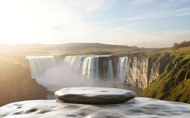 Nature backround for product placement, 3D waterfall landscape mockup backdrop for product and cosmetic presentation, backdrop photo for package or packaging box container
