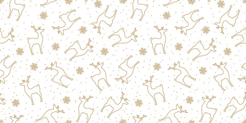 Seamless festive vector pattern with deer and snowflakes on a white background. Ornament for gift wrapping paper, fabric, clothes, textile, surface textures, scrapbook.