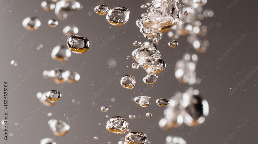 Poster Sparkling bubbles rising in chilled glass of sparkling water with soft background and copy space