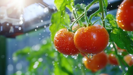 Vibrant red tomatoes in sunlit garden with fresh dew drops and green leaves signifying organic farming and natural agriculture evolution. Robotics and automation