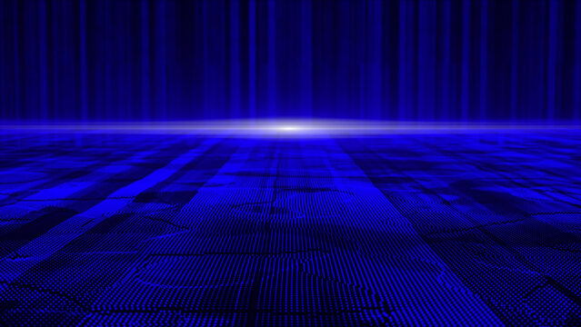 Blue digital data flow particles cyber technology futuristic background, glowing white color digital optical light rays background