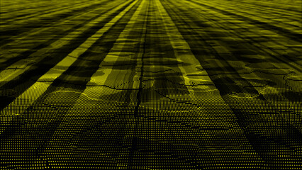 Yellow color digital data flow particles cyber technology futuristic background, sci-fi digital particles background