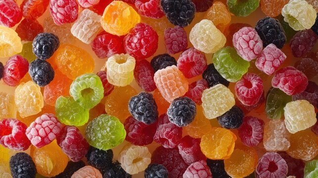 A colorful assortment of assorted candies and fruit, including raspberries, blackberries, and gummy bears, arranged in a visually appealing manner.