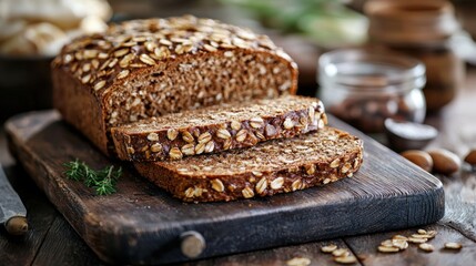 A loaf of sliced rye bread with seeds on a wooden cutting board, garnished with fresh thyme and almonds, on a rustic wooden table with a bowl of nuts and a jar of jam in the background.