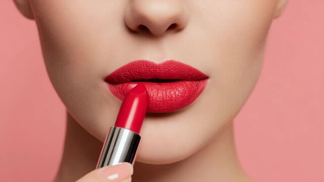 Female hand applying smooth lip gloss against soft pastel pink background. Glossy finish, beauty product. Close-up nurturing routines. Bright red color lipstick palette. Cosmetics, passion makeup.