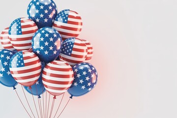 Fototapeta premium Cluster of Shiny American Flag-Themed Balloons on White Background with Copy Space – Festive Patriotic Digital Rendering
