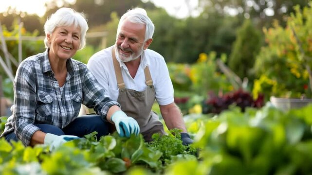 Smiling Senior Couple Gardening in Vegetable Garden