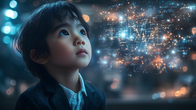 Futuristic Asian child in smart school uniform contemplates holographic blackboard with glowing equations