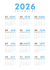 2026 calendar modern classic on French language. Week starts on Monday. Desk or wall A4 vertical blue calendar in minimalist style