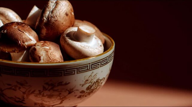 A decorative bowl filled with fresh mushrooms, presented with a focus on culinary and natural elements.