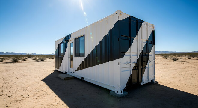 Shipping Container Home In The Desert With Black Diagonal Stripes
