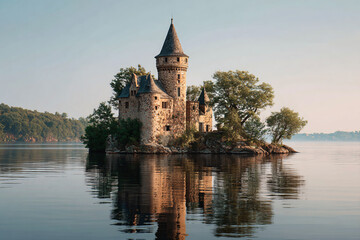 a castle sitting on top of a small island