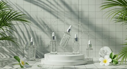 Serums on a pedestal with water splash and tropical leaves against a tiled wall