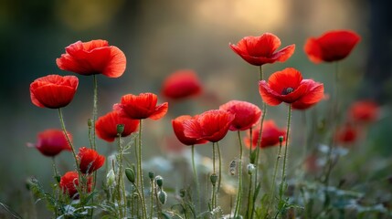 Obraz premium Romantic cluster of vibrant red poppies swaying in warm evening breeze with golden sunlight casting long shadows against soft green foliage and a natural background, copy space on right