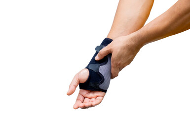 Wrist wearing a wrist support brace for injury recovery or pain relief. Orthopedic healthcare concept,Wrist inflammation, physiotherapy, and rehabilitation treatment. isolated on white background