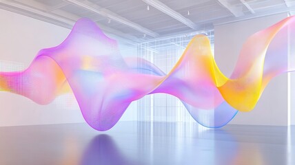 Vivid abstract light installation exhibited in a contemporary gallery featuring swirling rainbow patterns and hues in a spacious modern setting. Robotics and automation