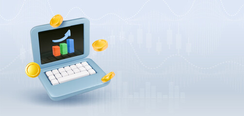 3D realistic laptop and graph with arrow. and coins Growing financial market chart. Represents successful business strategy. Money management Vector concept illustration.