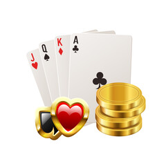 Cards, gold coins and card suit icons. Vector 3d illustration isolated on white background