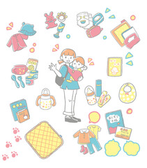 イラスト　子育て　赤ちゃんおでかけセット