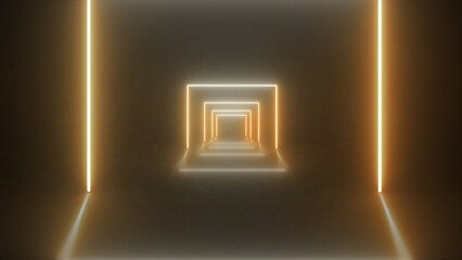 Hi-tech neon sci-fi tunel. Trendy neon glow lines form tunnel pattern. Fly through technology cyberspace. 3d seamless background