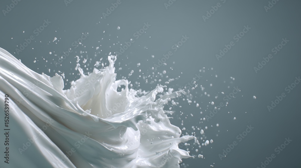 Aufkleber Dynamic closeup of creamy white liquid splashing and swirling in midair against a sleek gray background, capturing fluid motion and texture with space for text