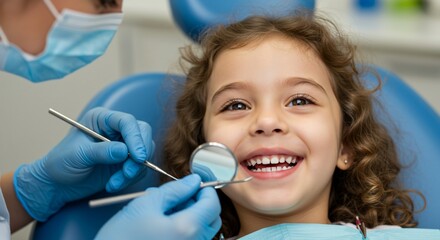 Smiling girl at dentist with dental mirror and blue gloves during checkup