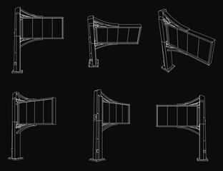 The image is a series of drawings of a Advertising-signs with a curved top. The drawings are in black and white and show the structure from different angles. Scene is artistic and creative