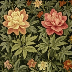 Exquisite Vintage Floral Painting Peach Crimson Peonies with Lush Green Foliage Botanical Art Print