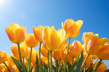 Obraz premium Yellow tulip flowers sky sunlight outdoors.