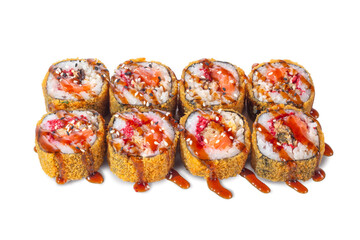 Eight deep-fried sushi rolls with salmon, tobiko, and cream cheese, topped with teriyaki sauce and sesame seeds. Bright and flavorful Japanese fusion food isolated on white background
