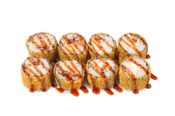 Eight pieces of deep-fried sushi rolls with cream cheese, lightly drizzled with teriyaki sauce. Classic Japanese appetizer isolated on white background, ideal for restaurant menus and food delivery