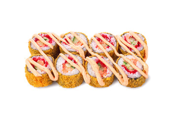 Eight pieces of deep-fried sushi rolls filled with tobiko, crab, cucumber and cream cheese, topped...